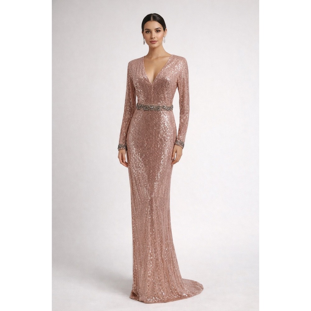 New! Mac Duggal Rose Gold Embellished Sequin‎ Long Sleeve Gown Sz 2 $798